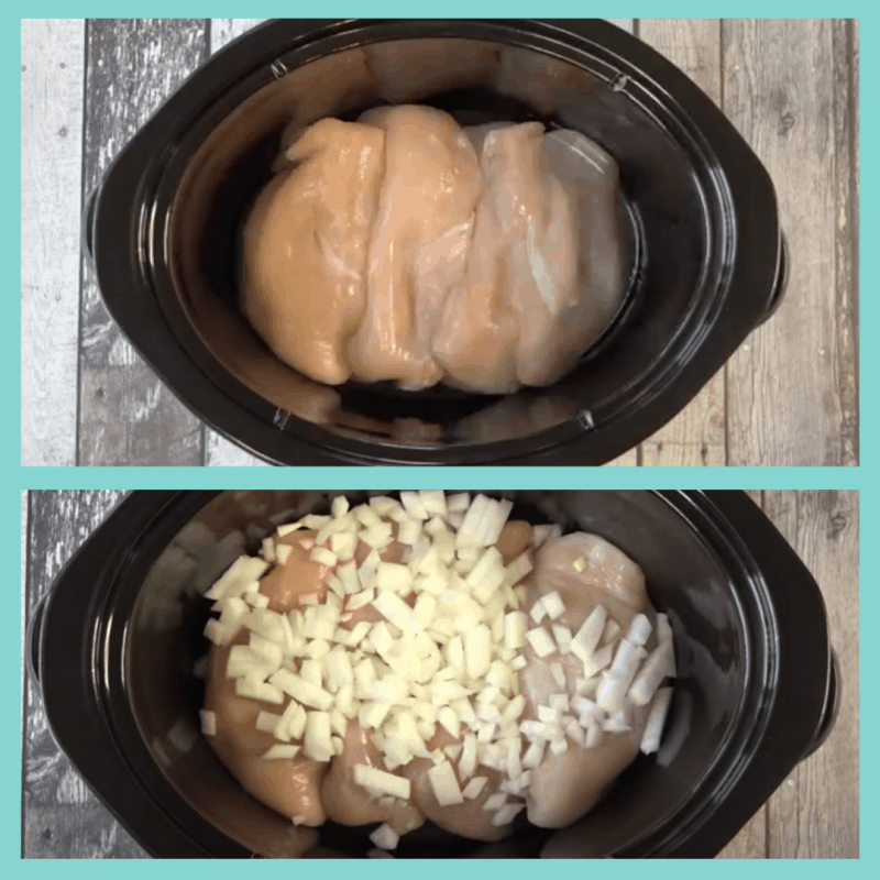 Chicken breast and onion in slow cooker.