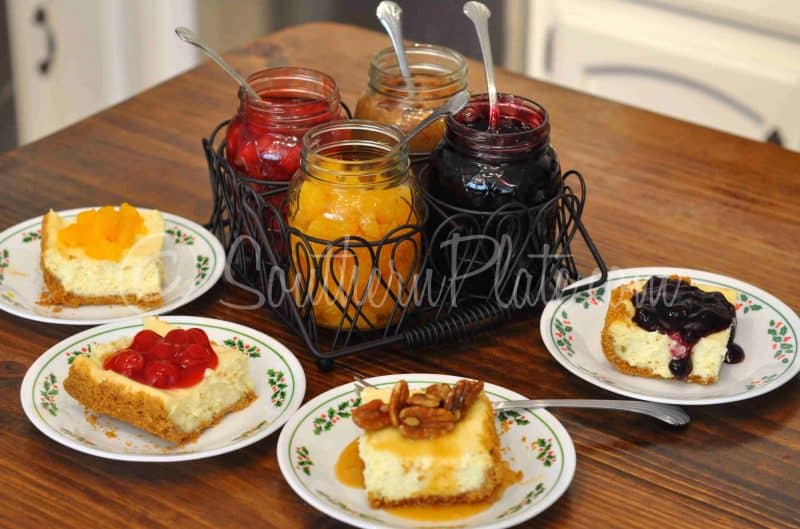 Different cheesecake toppings in jars.