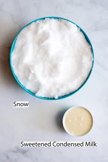 Labeled ingredients for snow cream.