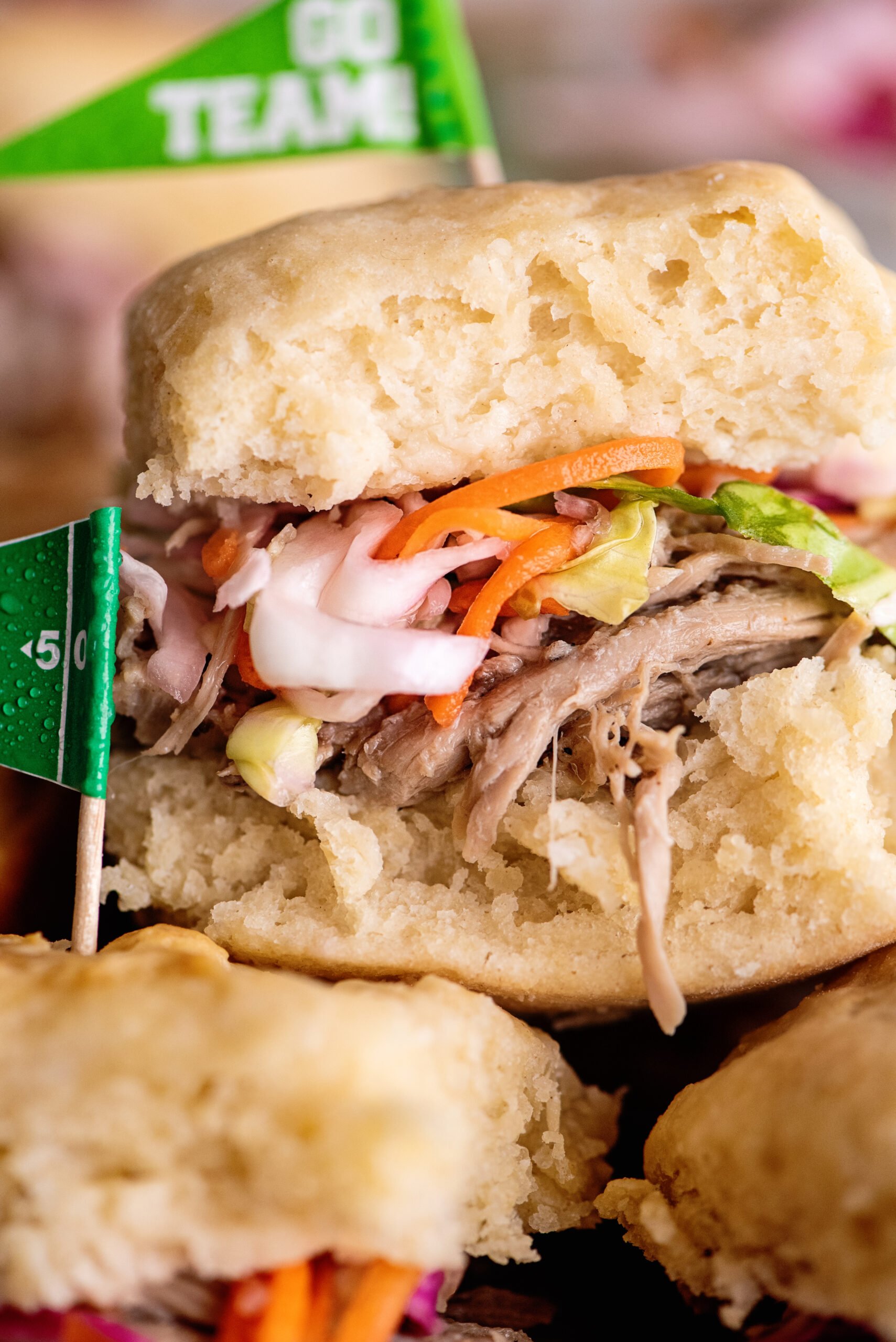 Close-up of pulled pork slider.