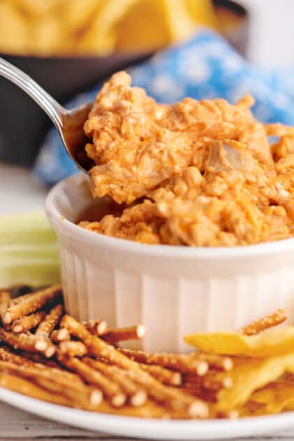 Serve buffalo chicken dip with veggies, pretzels, or chips.