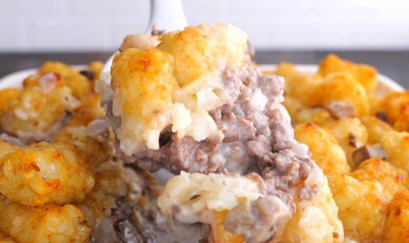 Serving of beef tater tot casserole.