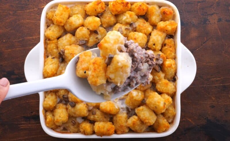 Spoonful of beef tater tot casserole.