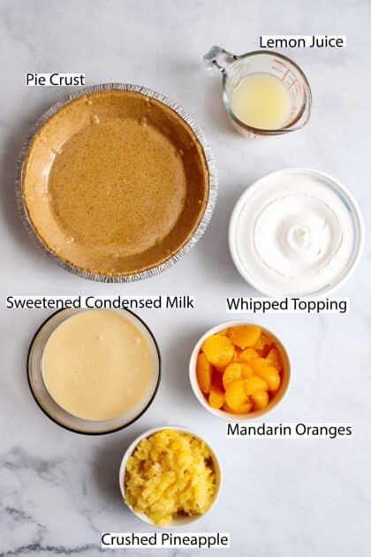 Labeled ingredients for mandarin orange pie.