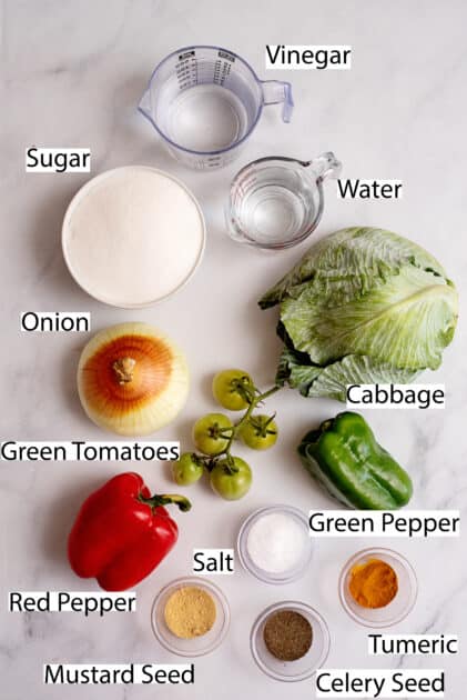 Labeled ingredients for chow chow recipe.