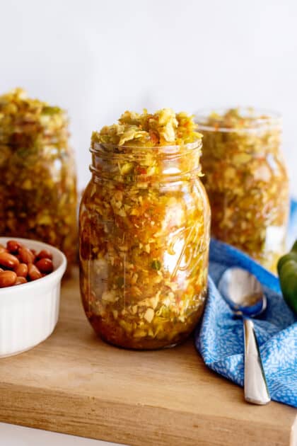 Three jars of chow chow relish recipe.