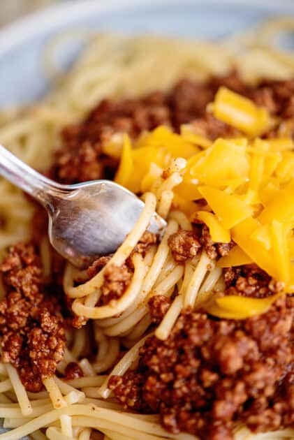 A forkful of Cincinnati-style chili.