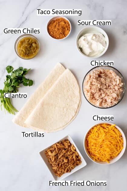 Labeled ingredients for microwave chicken tortilla casserole.