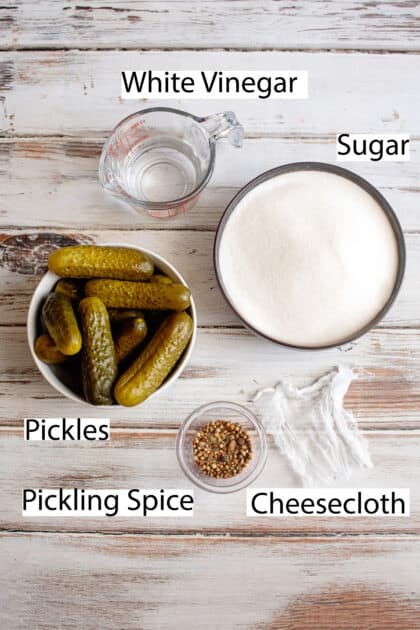 Labeled ingredients for candied dill pickles.