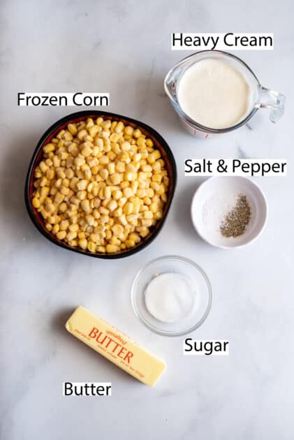 Labeled ingredients for my easy creamed corn recipe.