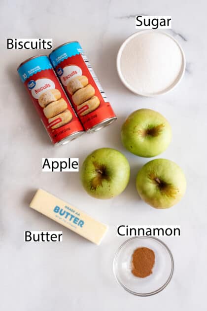 Labeled ingredients for old-fashioned apple dumplings.