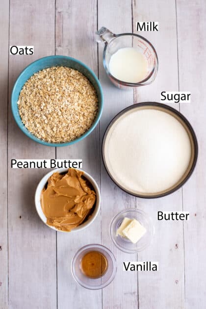 Labeled ingredients for no-bake peanut butter oatmeal cookies.