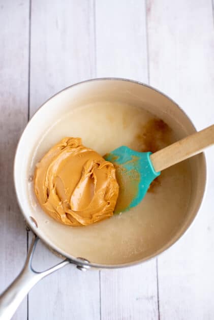 Remove from heat and add peanut butter and vanilla.