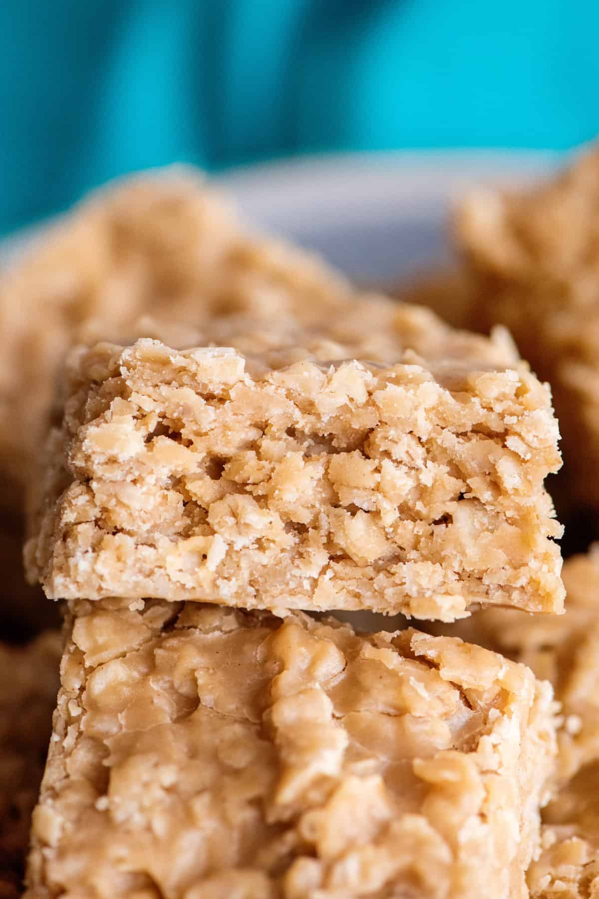 Close-up of no-bake peanut butter oatmeal cookie bar.