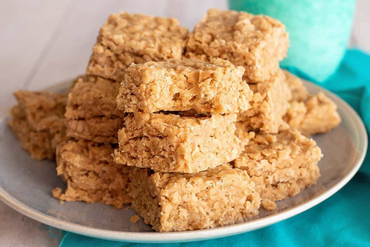 Plate of no-bake peanut butter oatmeal cookies.