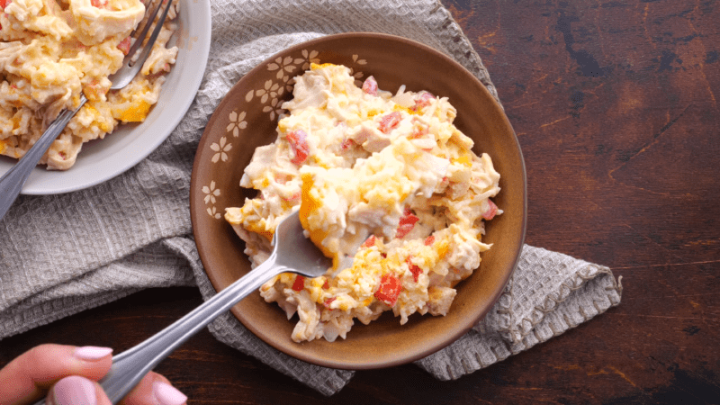 Fork of Mexican chicken casserole.