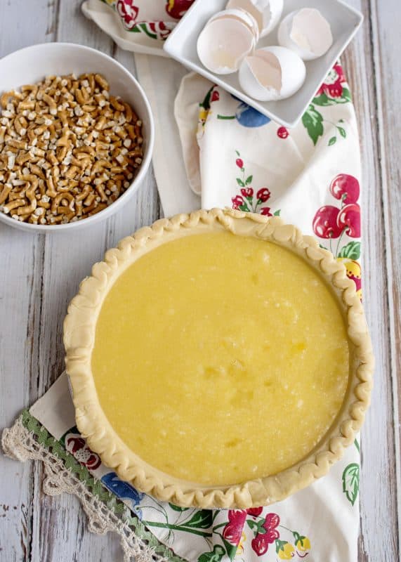 Faux pecan pie filling in pie crust.