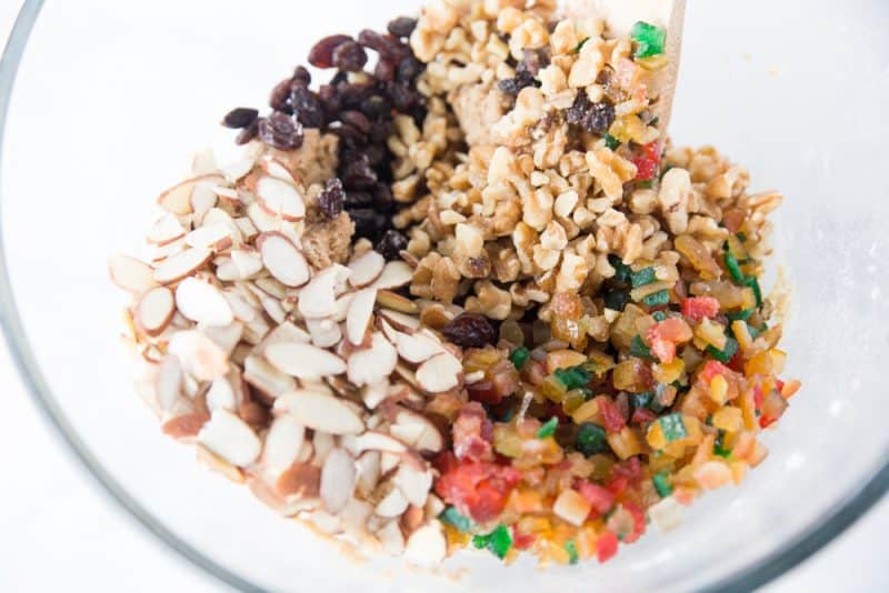 Add fruit and nuts to ingredients in mixing bowl.