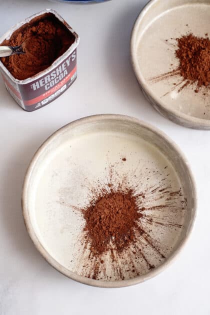 Add cocoa to "flour" greased cake pans.