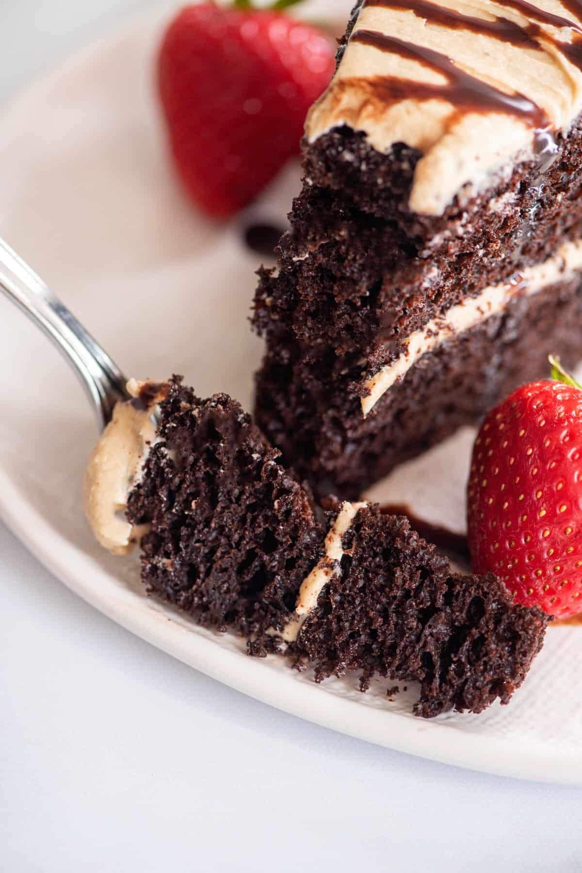 Fork with a piece of cappuccino cake.