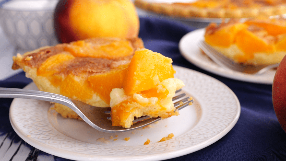 A forkful of buttermilk peach pie.