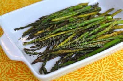 Roasted asparagus on platter.