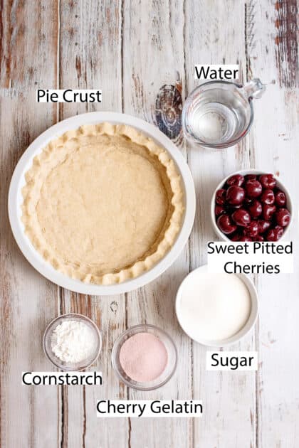 Labeled ingredients for cherry jello pie.