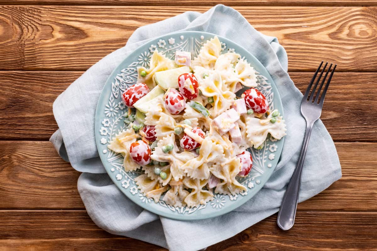 Plate of ham pasta salad.