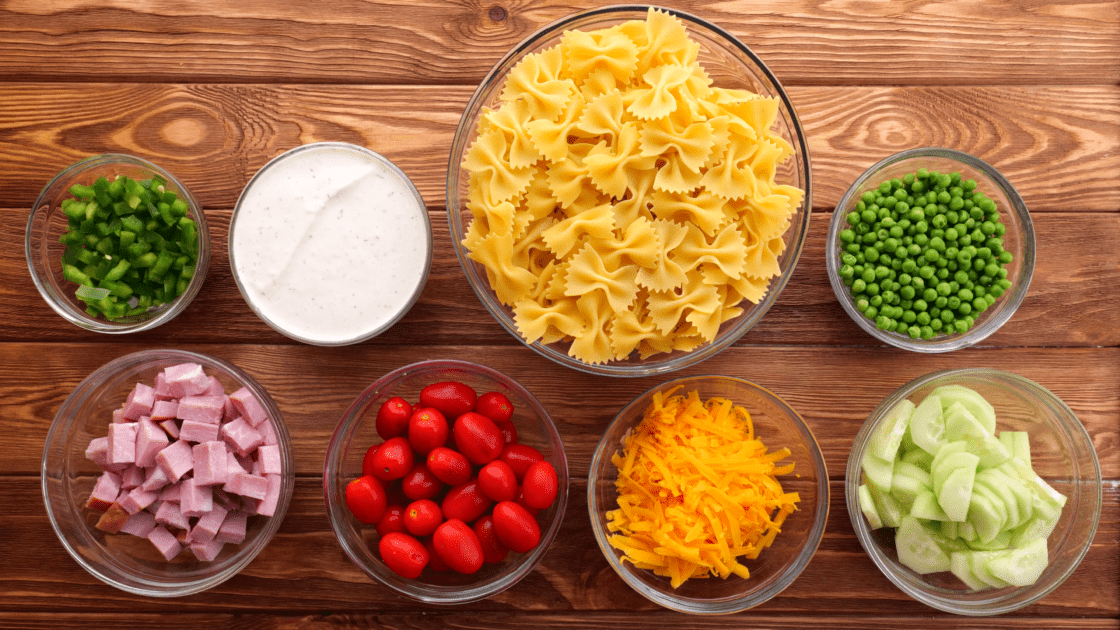 Ingredients for ham pasta salad.