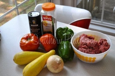 Ground beef and vegetables ingredients.