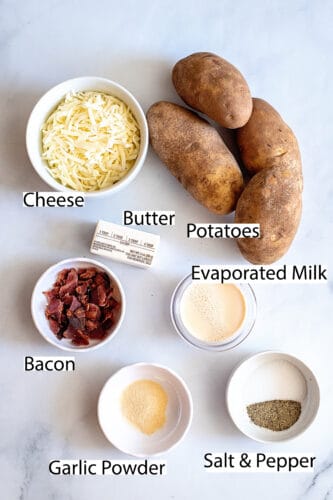 Labeled ingredients for cheesy garlic mashed potatoes.