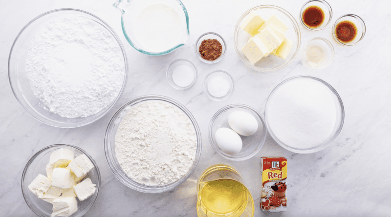 Ingredients for red velvet cupcakes.