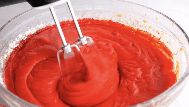 Red velvet cake batter mixed together.