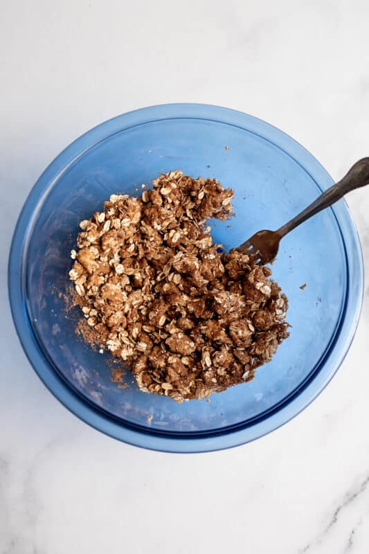 Mixed crisp topping ingredients in mixing bowl.