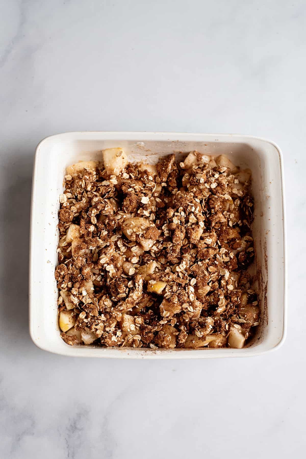 Prepared pear crisp before going into oven.