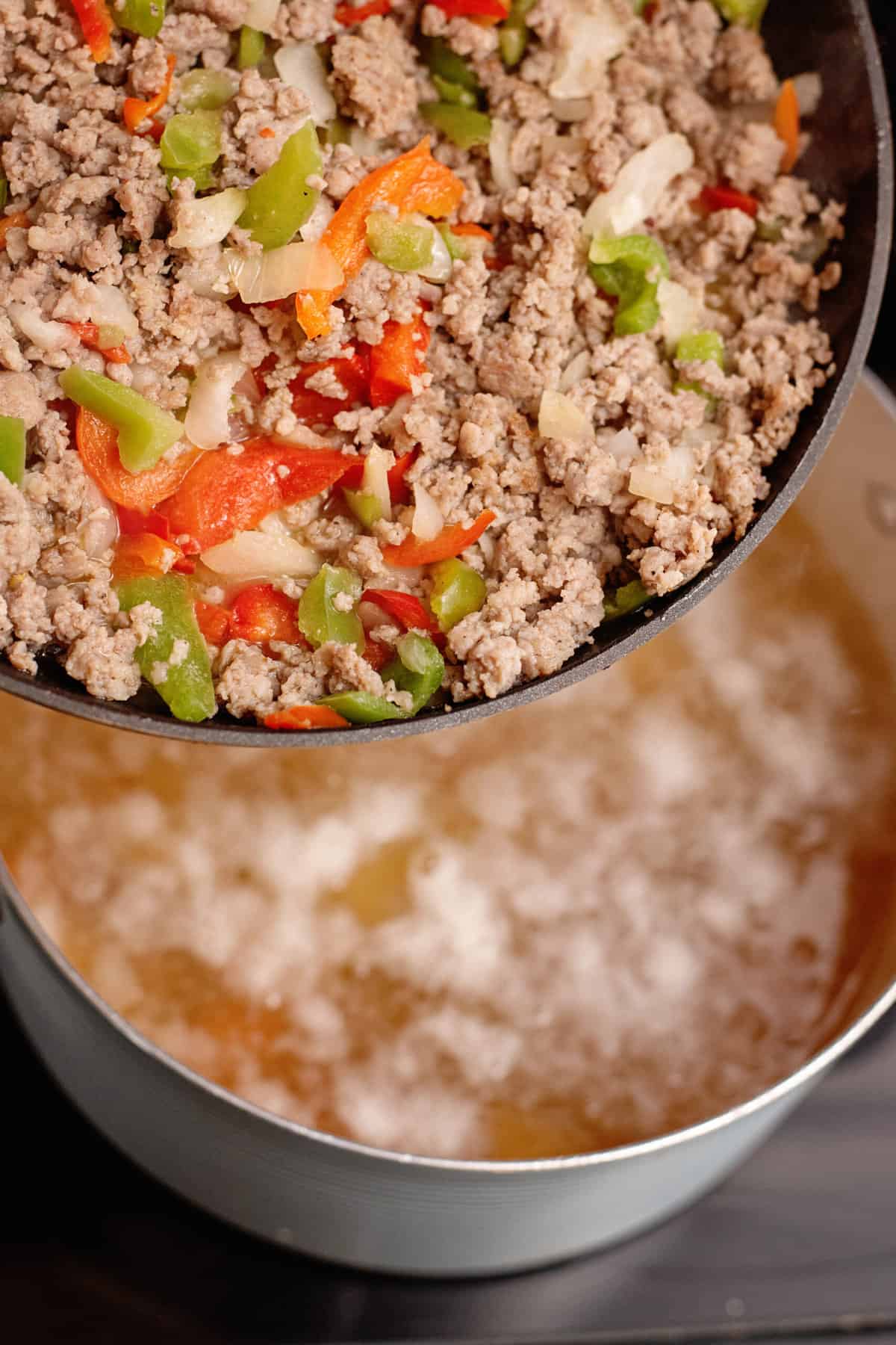 add meat and pepper mixture to pot for country chowder