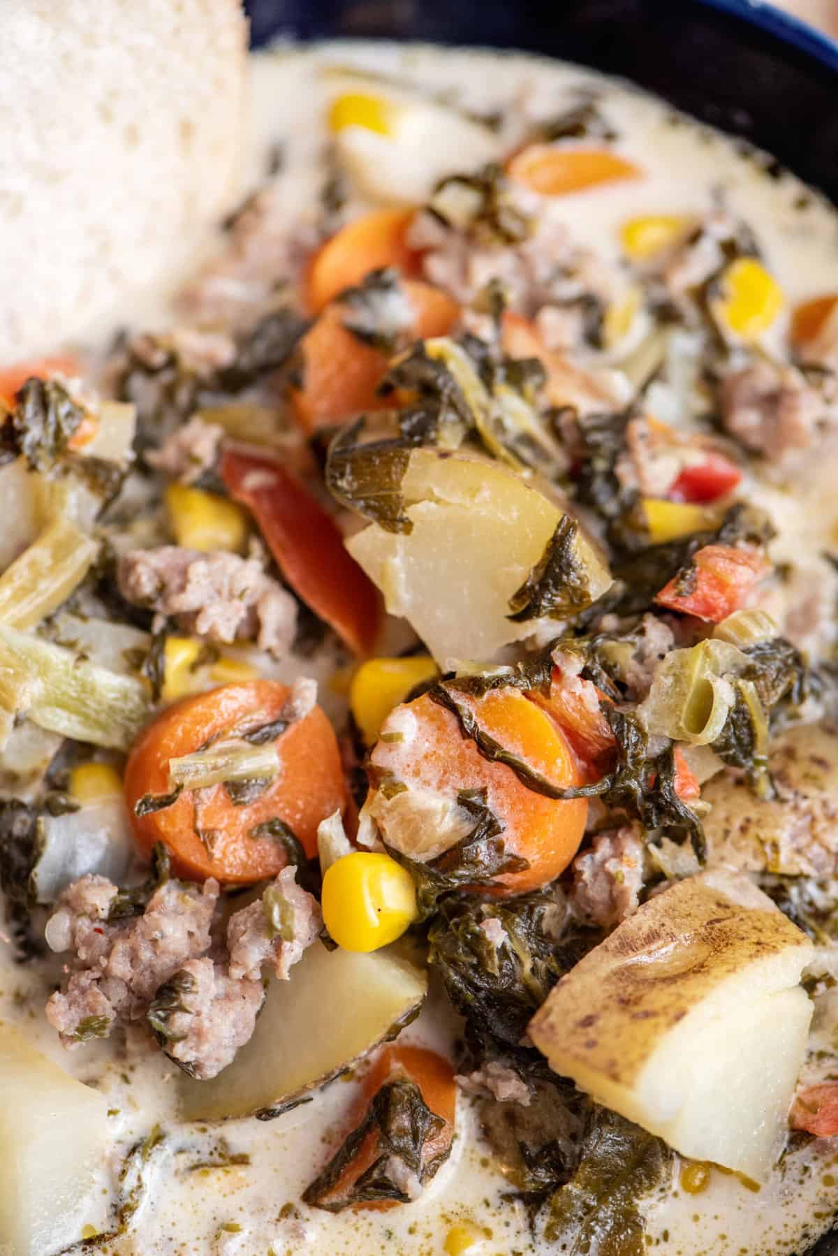 Close-up of country chowder recipe.