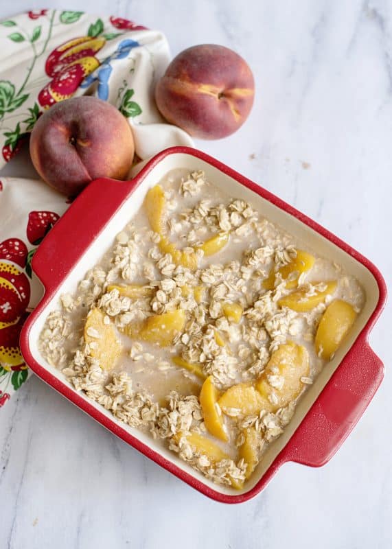 Baked Peach Oatmeal Pudding ready for the oven