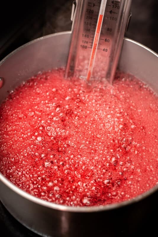 Red candy syrup coming to a boil