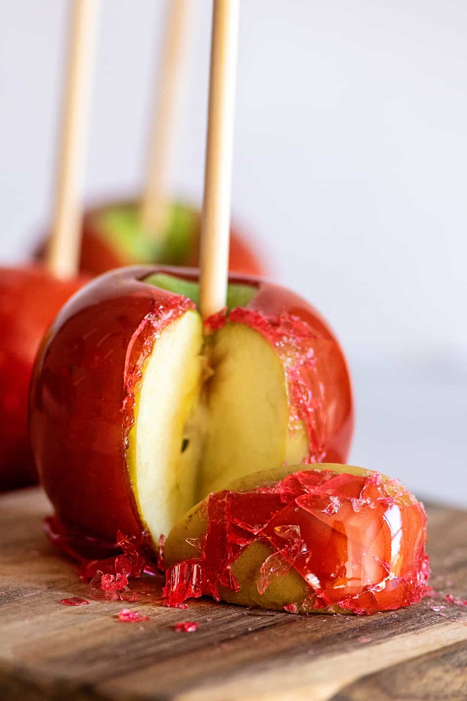Cut open candy apple.