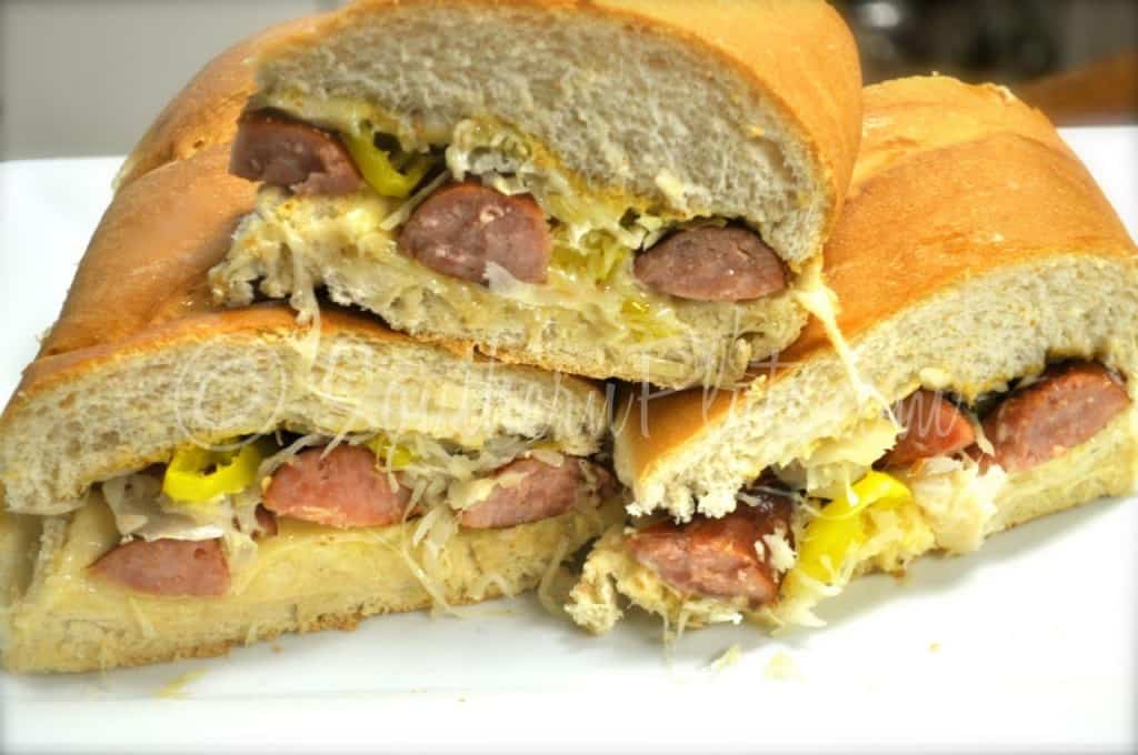 Stack of banjo pickers - sandwiches using kielbasa sausage.