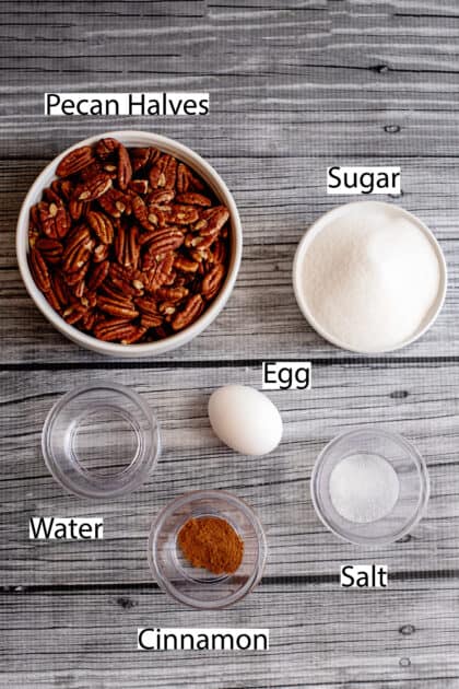 Labeled ingredients for candied pecans recipe.