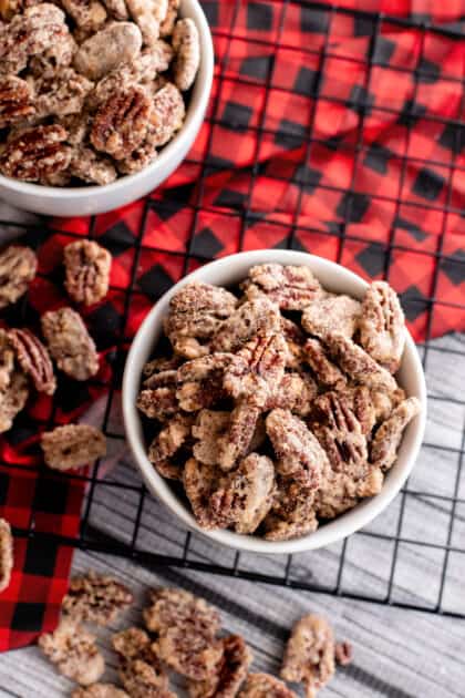 Two bowls of candied pecans.