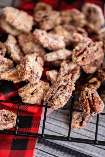 Close-up of candied pecans.