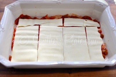 Cover salsa with lasagna noodles.