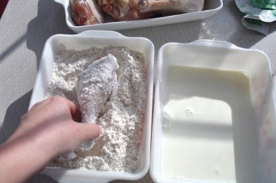 Place chicken in flour after the milk.