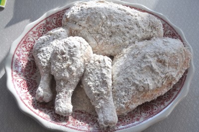 Breaded chicken on platter.