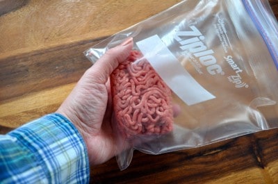 1/2 a pound of ground beef in ziplock bag.