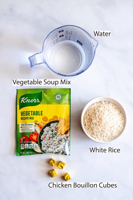 Labeled recipe ingredients for easy rice pilaf,