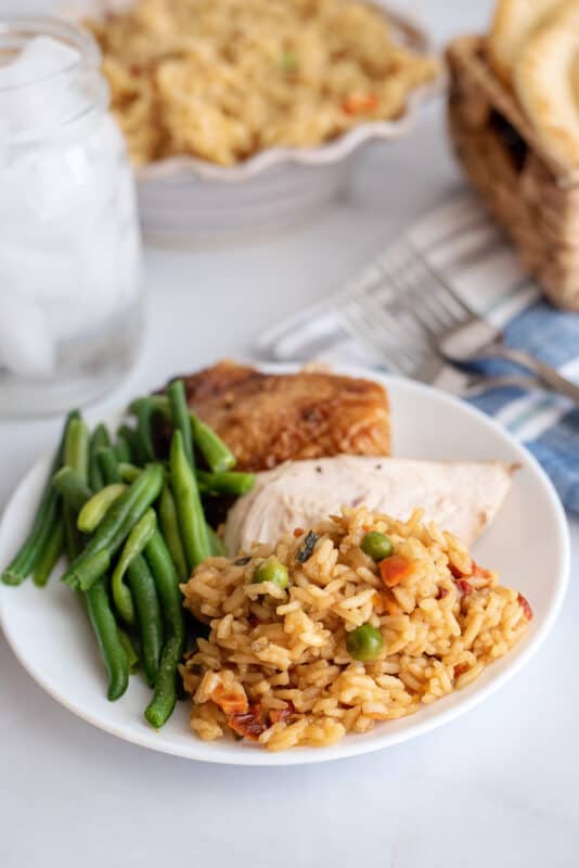 Serve your rice pilaf with chicken and vegetables.